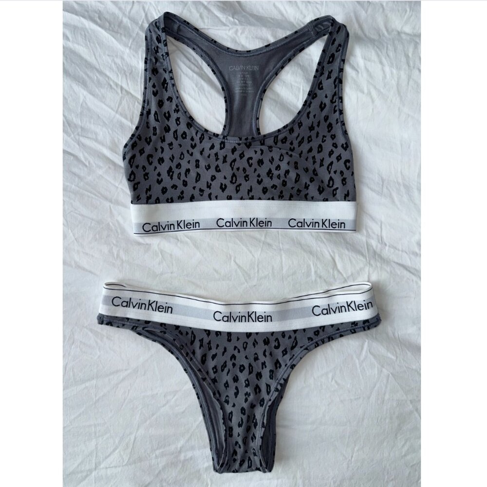 Calvin Klein Bralette and Thong Panty Grey Leopard Print Set Size S